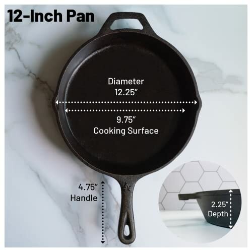 Measurements of the Backcountry Iron 12-inch cast iron skillet showing diameter, cooking surface and handle