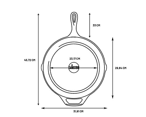 Cast iron skillet with labeled dimensions.