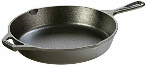 A black cast iron skillet with a handle.