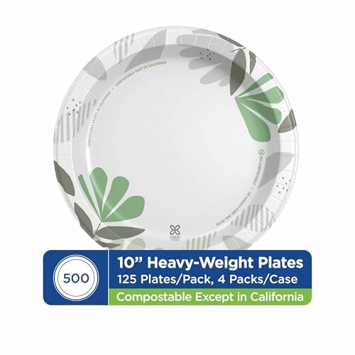 Compostable paper plates with a leaf design, 10 inches, pack of 500.