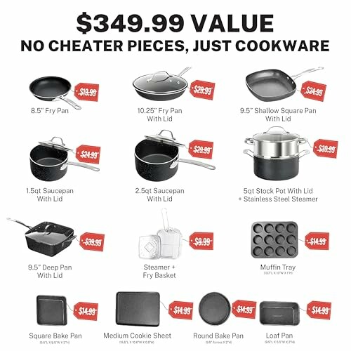Cookware set promotion with various pans and baking items.