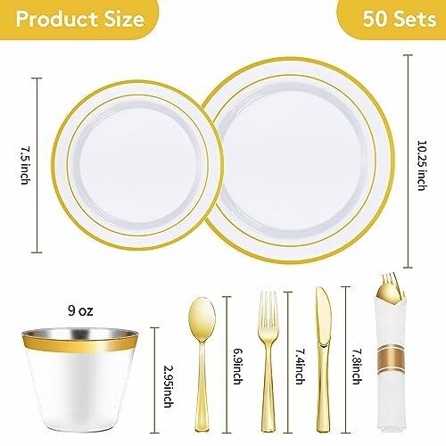 Disposable dinnerware set with gold trim, including plates, cutlery, and cup.