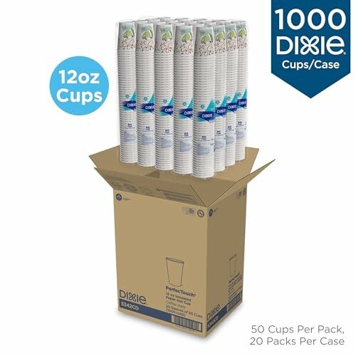 Dixie 12oz cups, 1000 count, 50 cups per pack, 20 packs per case.