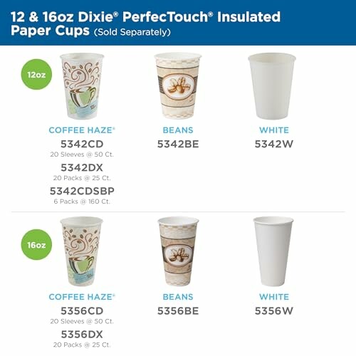 Dixie insulated paper cups in coffee haze, beans, and white designs.