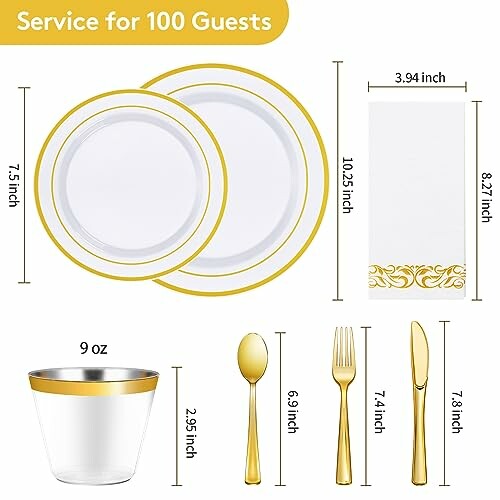 Disposable tableware set for 100 guests with plates, cups, utensils, and napkins.