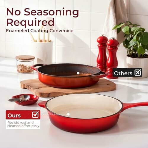 Comparison of two enameled cookware pans highlighting no seasoning required.