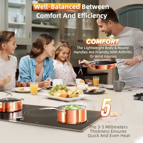Family cooking together in a modern kitchen with copper cookware.