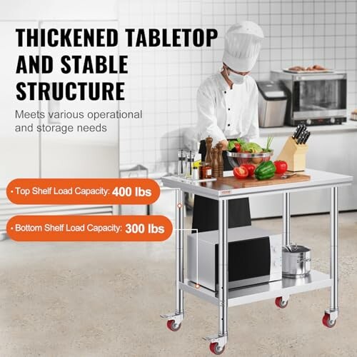 Chef working at a stainless steel kitchen prep table with vegetables and kitchenware.