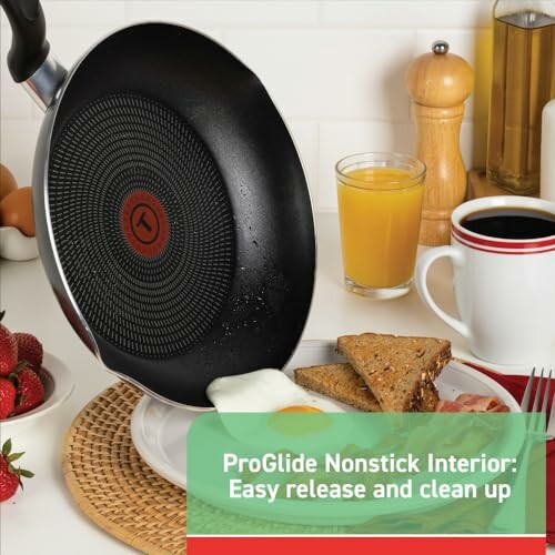 Nonstick frying pan with breakfast items.