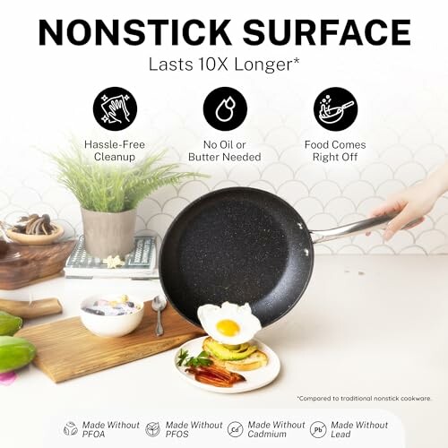 Nonstick frying pan with an egg, highlighting hassle-free cleanup, no oil needed, and easy food release.