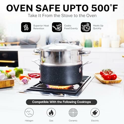 Cookware on stovetop, oven safe up to 500°F