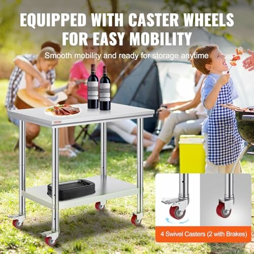Portable kitchen cart with caster wheels, wine bottles, and outdoor barbecue scene.