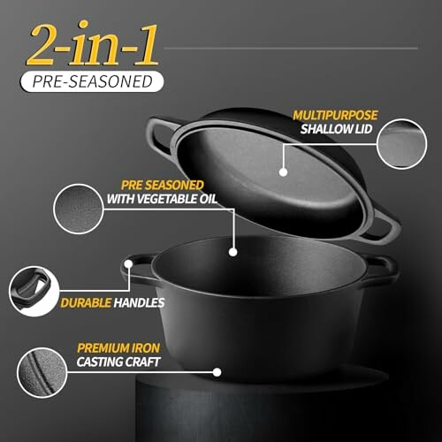 Pre-seasoned cast iron Dutch oven with multipurpose shallow lid and durable handles.