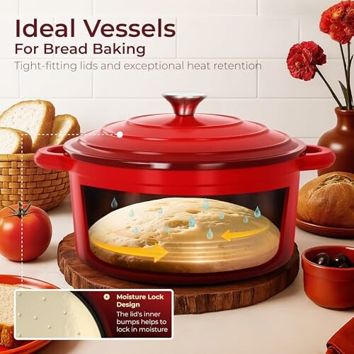 Red bread baking dish with lid showcasing moisture lock feature, surrounded by bread and tomatoes.
