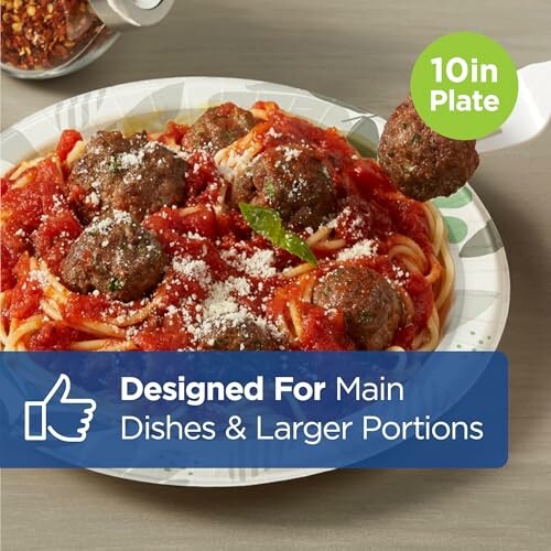 Spaghetti with meatballs on a 10-inch plate, designed for large portions.