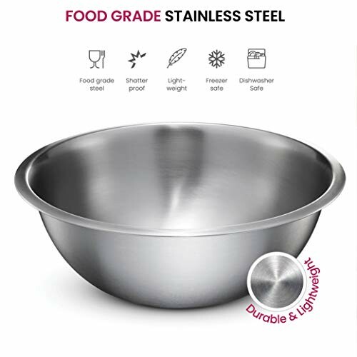 Stainless steel mixing bowl with durability and lightweight features.