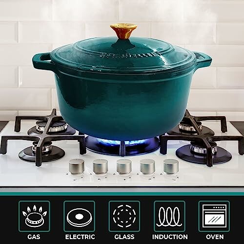 Teal Dutch oven on gas stove with icons for different heat sources.
